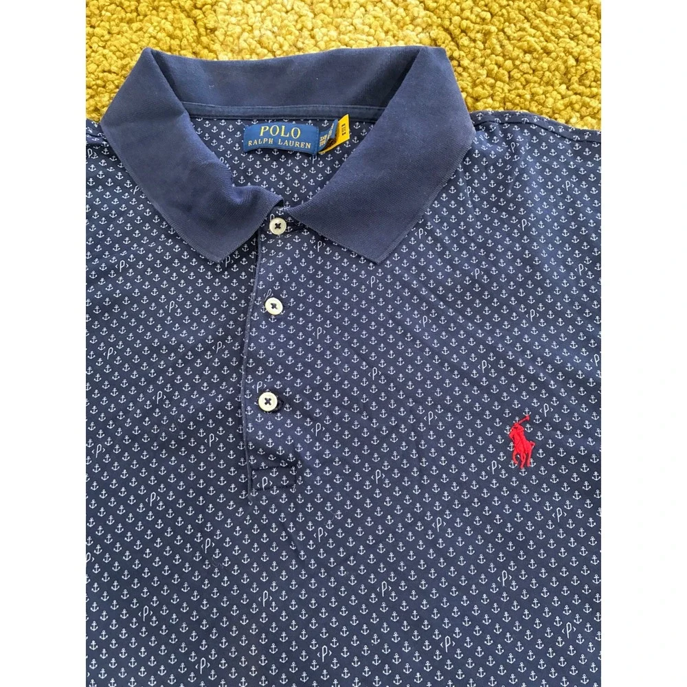 Polo Ralph Lauren Mens 3XB Navy Blue Anchor Print Mesh Polo Shirt Big & Tall